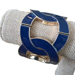 Chunky Cobalt Blue Enamel & Gold Interlocking Link Stretch Bracelet